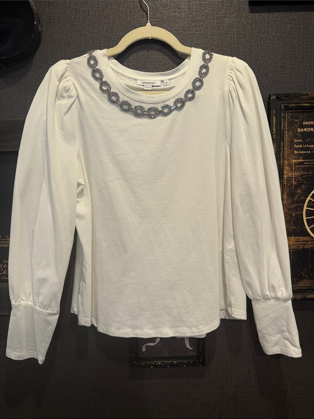 Chico's White Long Sleeve Tee with Silver Beaded Necklace Detail
